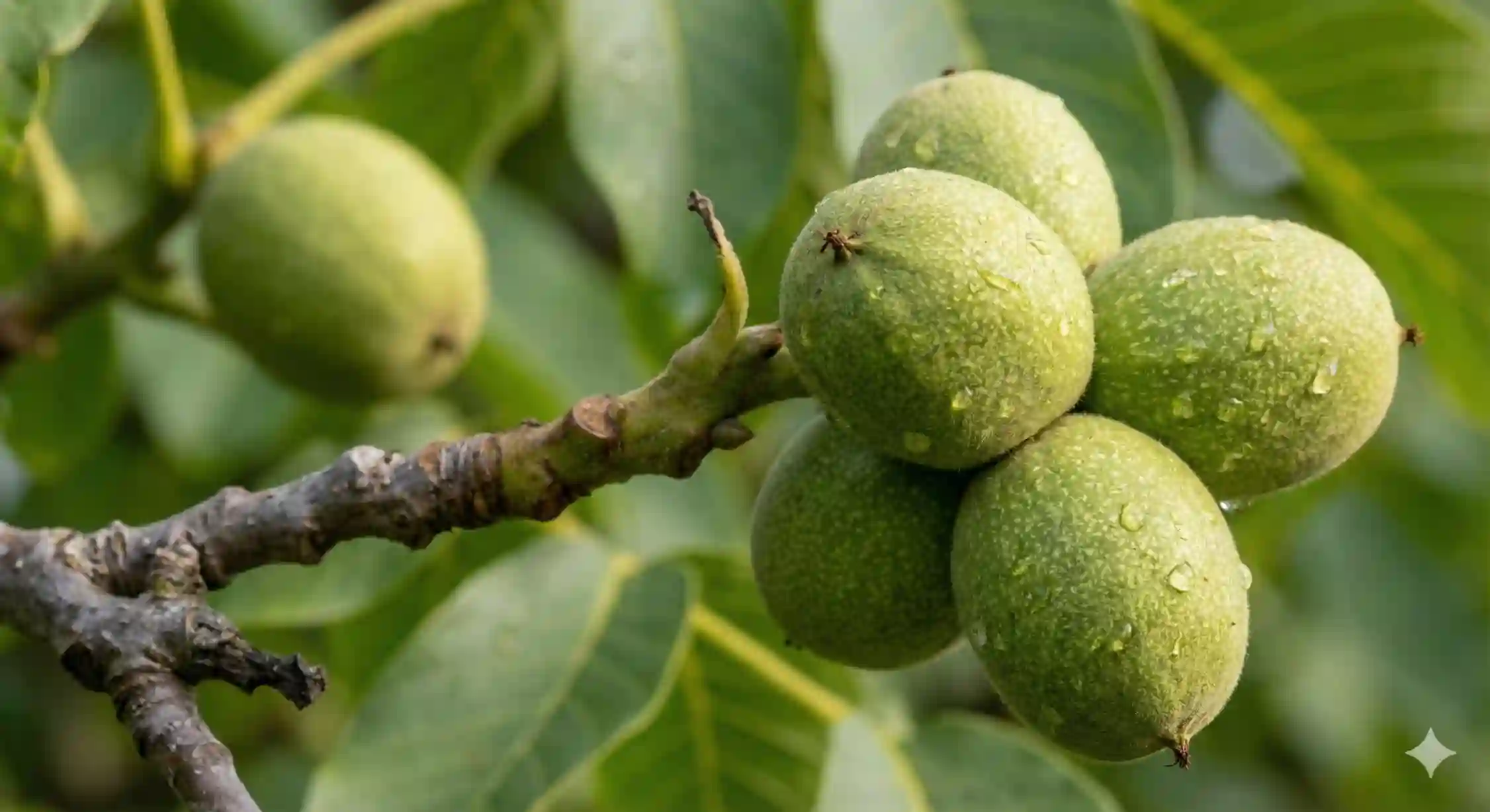 نمای نزدیک از باردهی جانبی و متراکم در نهال گردو خوشه ای پربار.