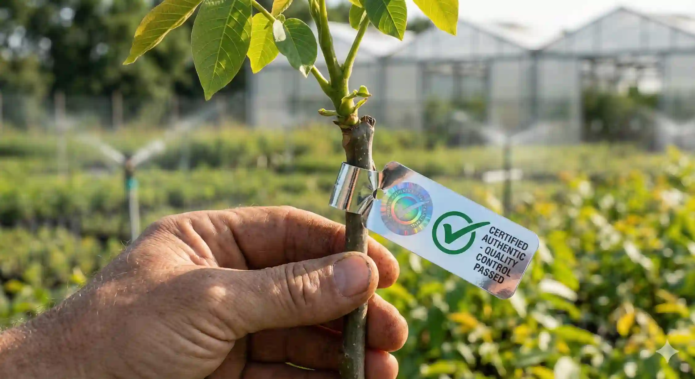 برچسب گواهی سلامت و اصالت روی نهال گردو اصلاح شده در نهالستان معتبر.
